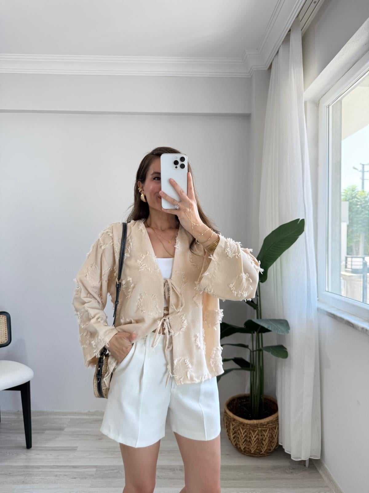 Somon Püskül Detaylı Ön Bağlamalı Kimono 7012
