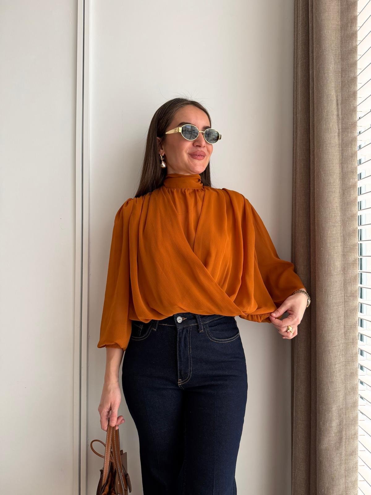 Taba Bel Lastikli Tasarım Şifon Bluz 31348