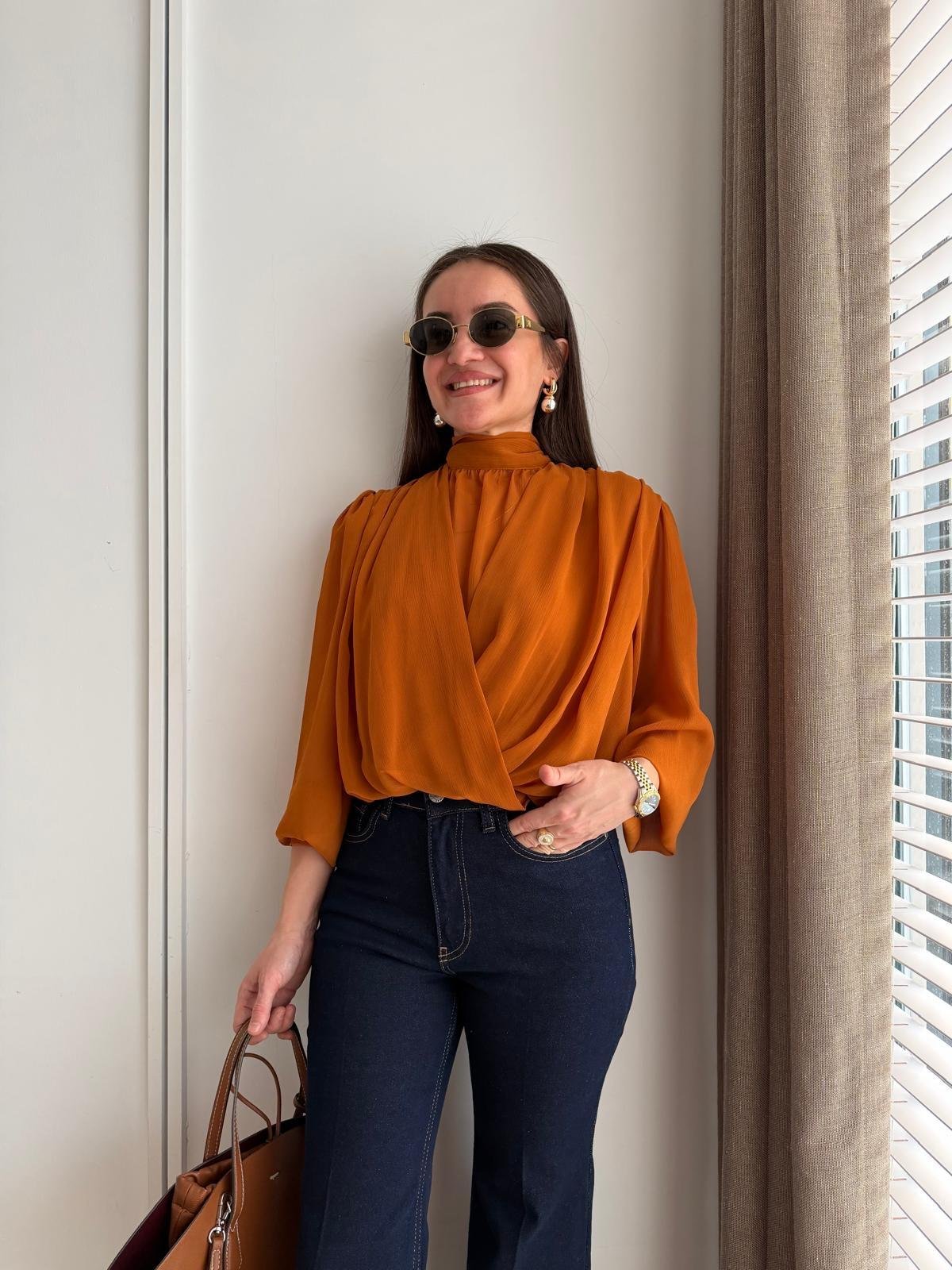 Taba Bel Lastikli Tasarım Şifon Bluz 31348