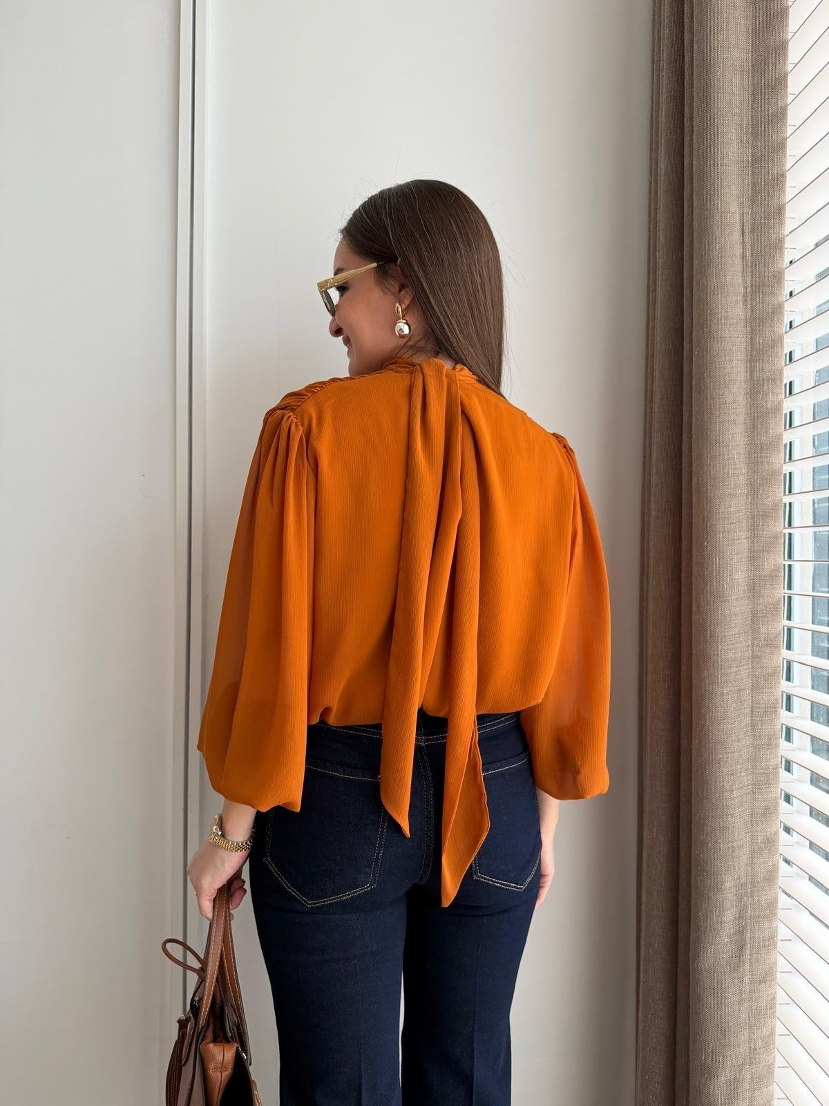 Taba Bel Lastikli Tasarım Şifon Bluz 31348