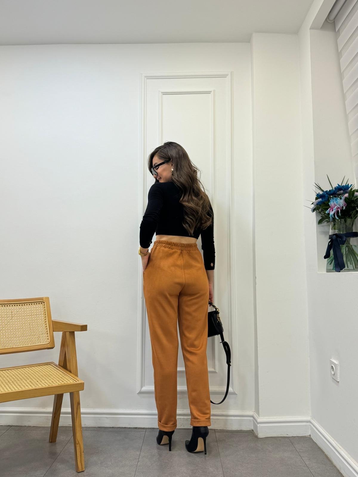 Taba Lüx Kalite Bel Lastikli Double Paça Süet Pantolon 24284