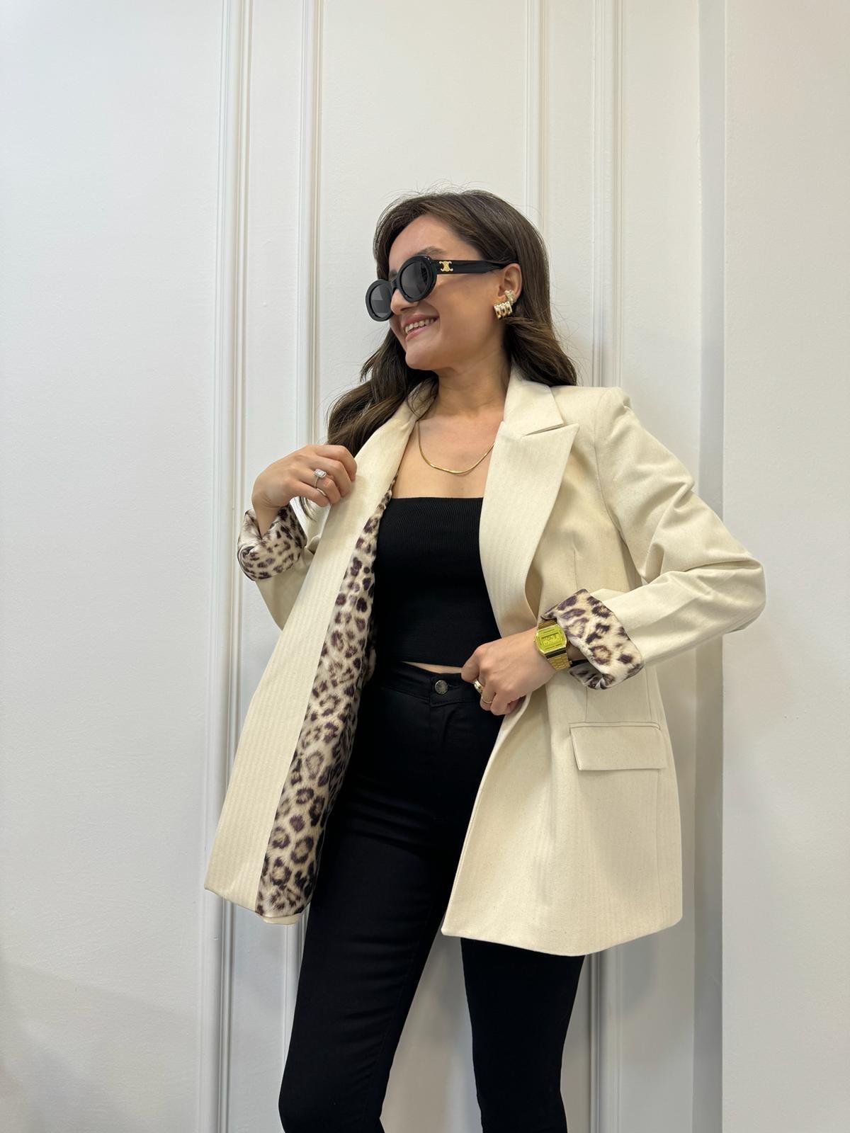 Taş Astarı Leopar Desenli Blazer Ceket 9195