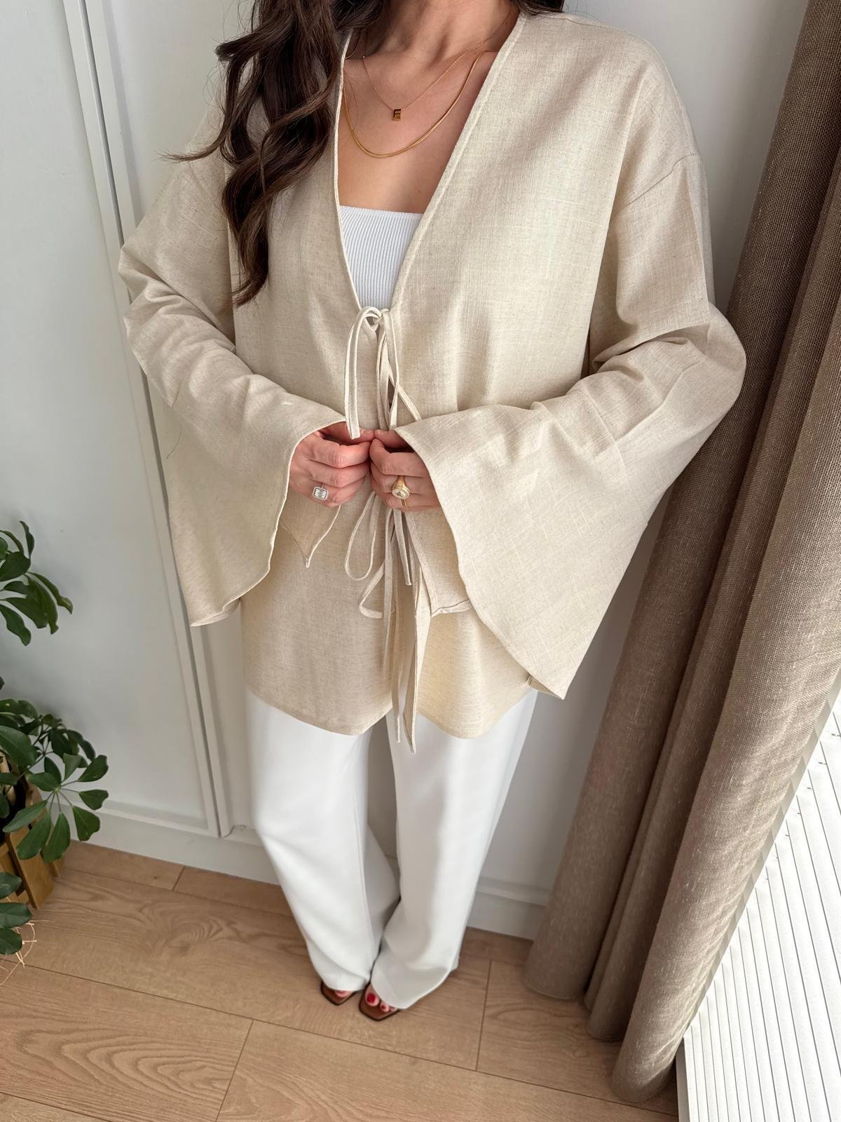 Taş Bağlamalı Keten Kimono Takım 5235