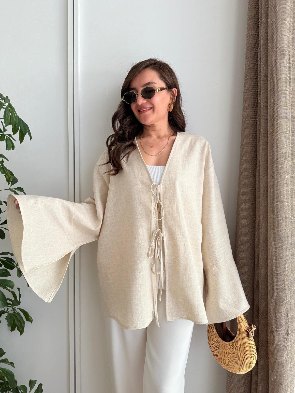 Taş Bağlamalı Keten Kimono Takım 5235