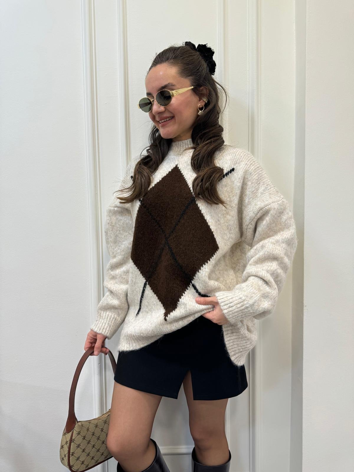 Taş Baklava Desen Dik Yaka Yumoş Triko Kazak 24767