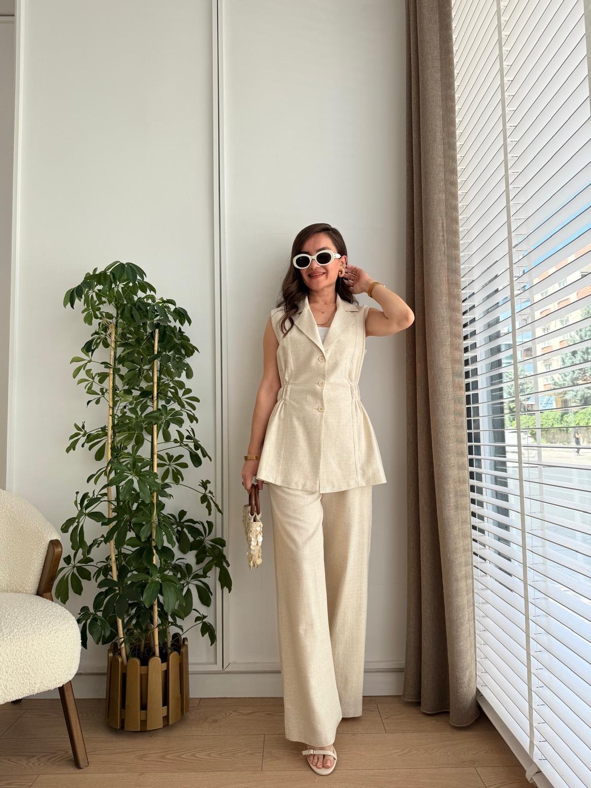 Taş Bel Lastikli Keten Yelek Pantolon Takım 8704