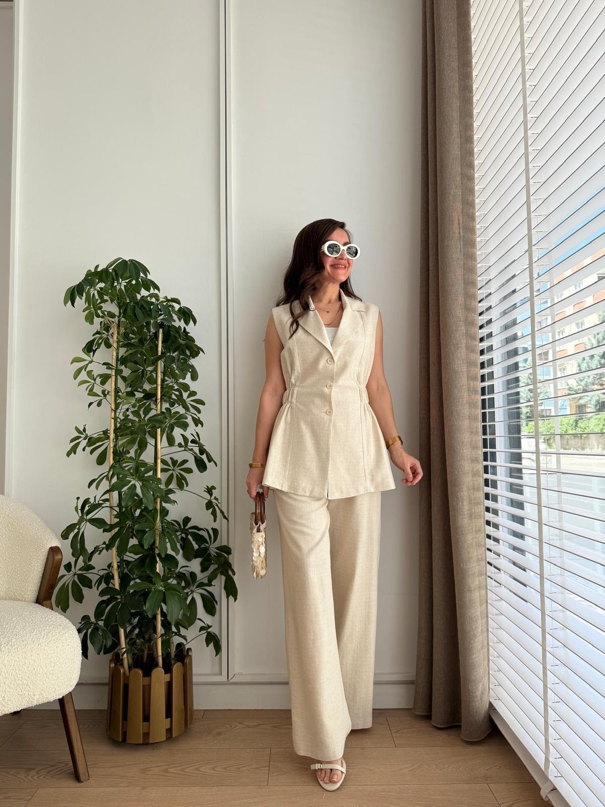 Taş Bel Lastikli Keten Yelek Pantolon Takım 8704