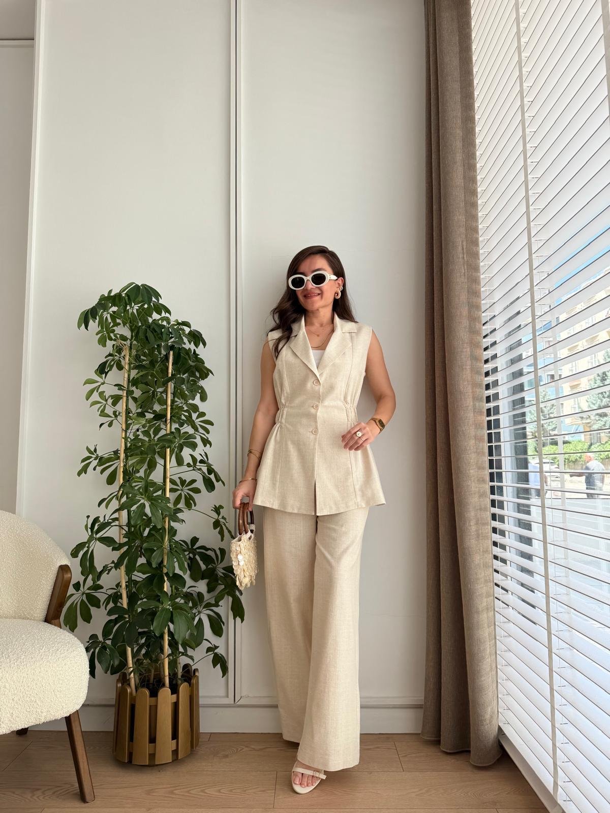 Taş Bel Lastikli Keten Yelek Pantolon Takım 8704