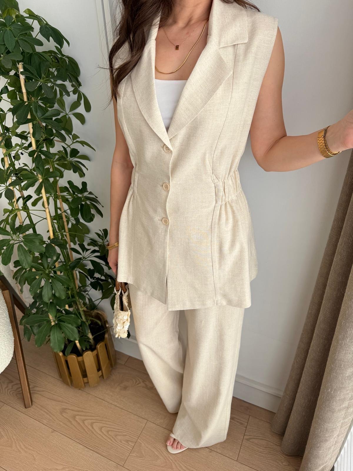 Taş Bel Lastikli Keten Yelek Pantolon Takım 8704