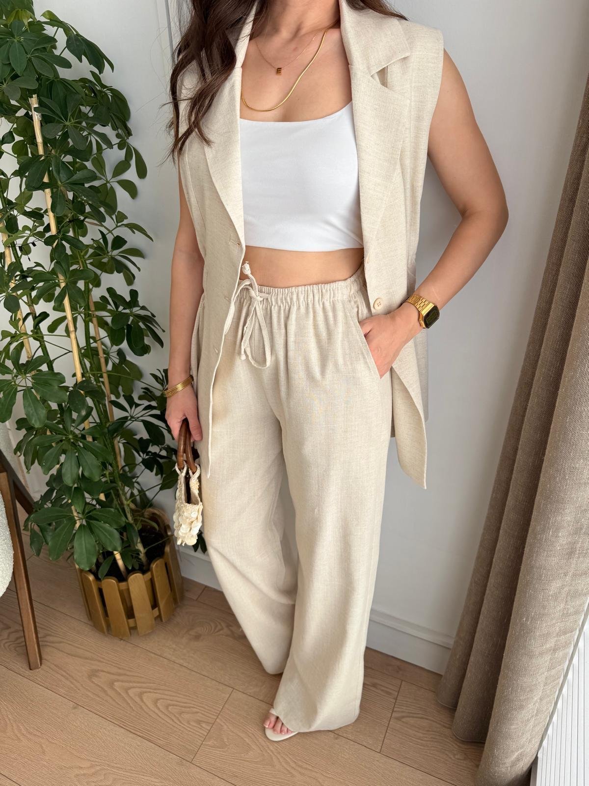 Taş Bel Lastikli Keten Yelek Pantolon Takım 8704