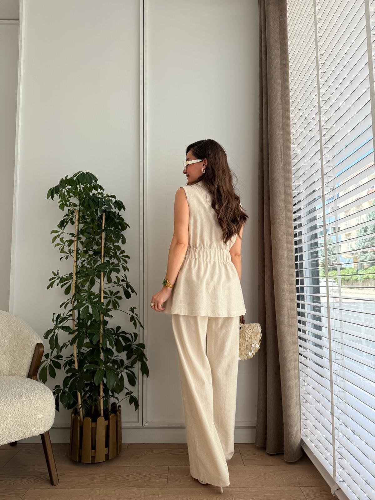 Taş Bel Lastikli Keten Yelek Pantolon Takım 8704