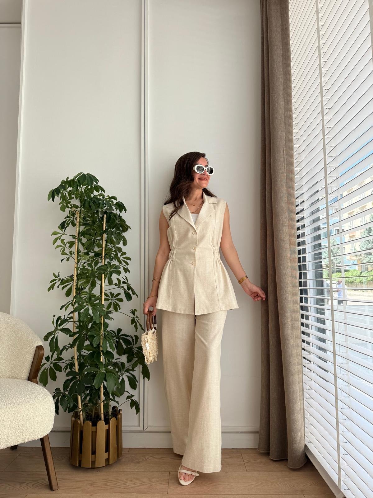 Taş Bel Lastikli Keten Yelek Pantolon Takım 8704