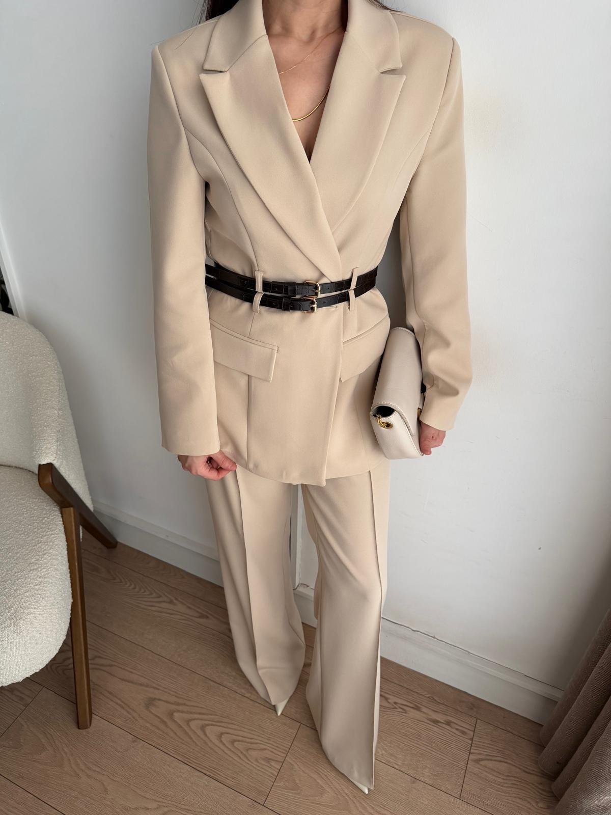 Taş Çift Kemerli Blazer Ceket Pantolon Takım 9268
