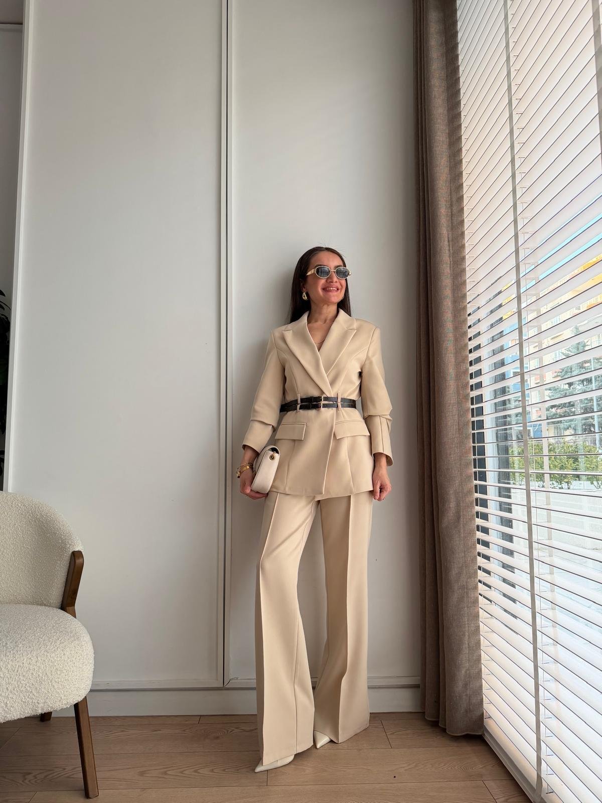 Taş Çift Kemerli Blazer Ceket Pantolon Takım 9268