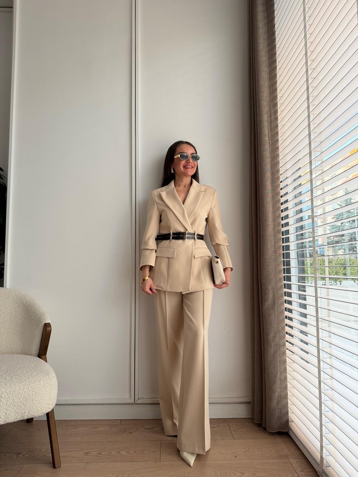 Taş Çift Kemerli Blazer Ceket Pantolon Takım 9268