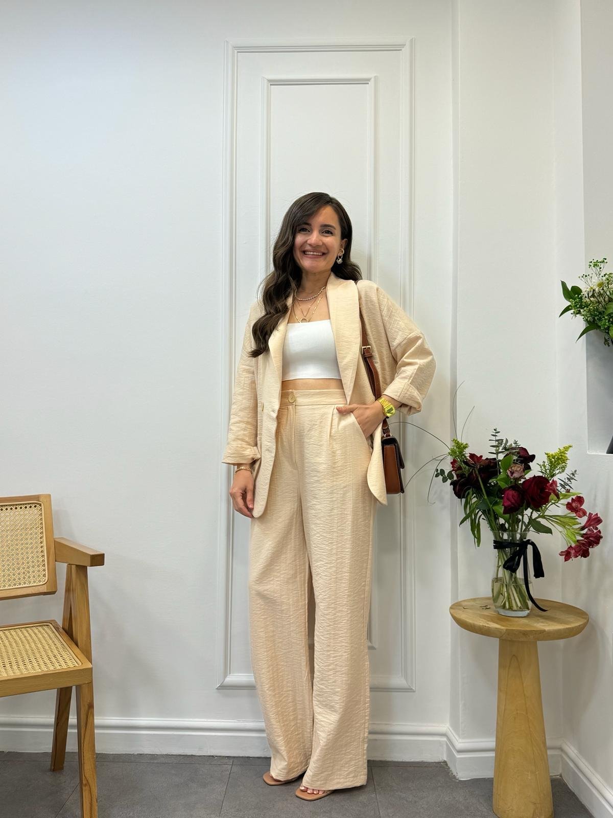 Taş Dört Düğmeli Blazer Pantolon Keten Takım 9006