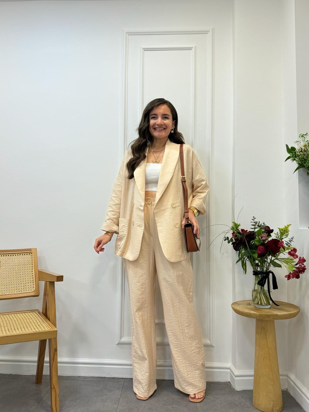 Taş Dört Düğmeli Blazer Pantolon Keten Takım 9006