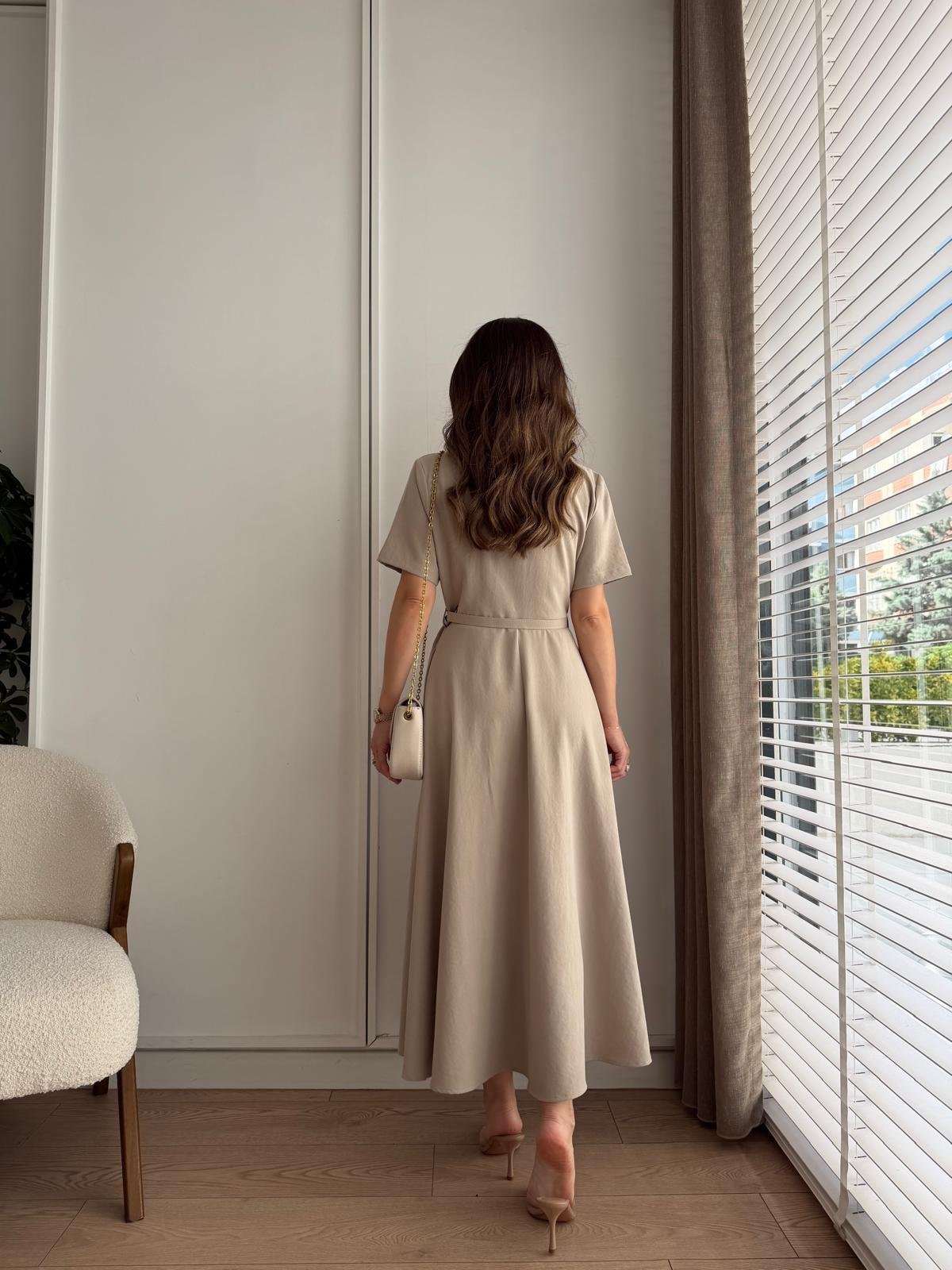 Taş Fermuarlı Kemerli Keten Elbise 2341