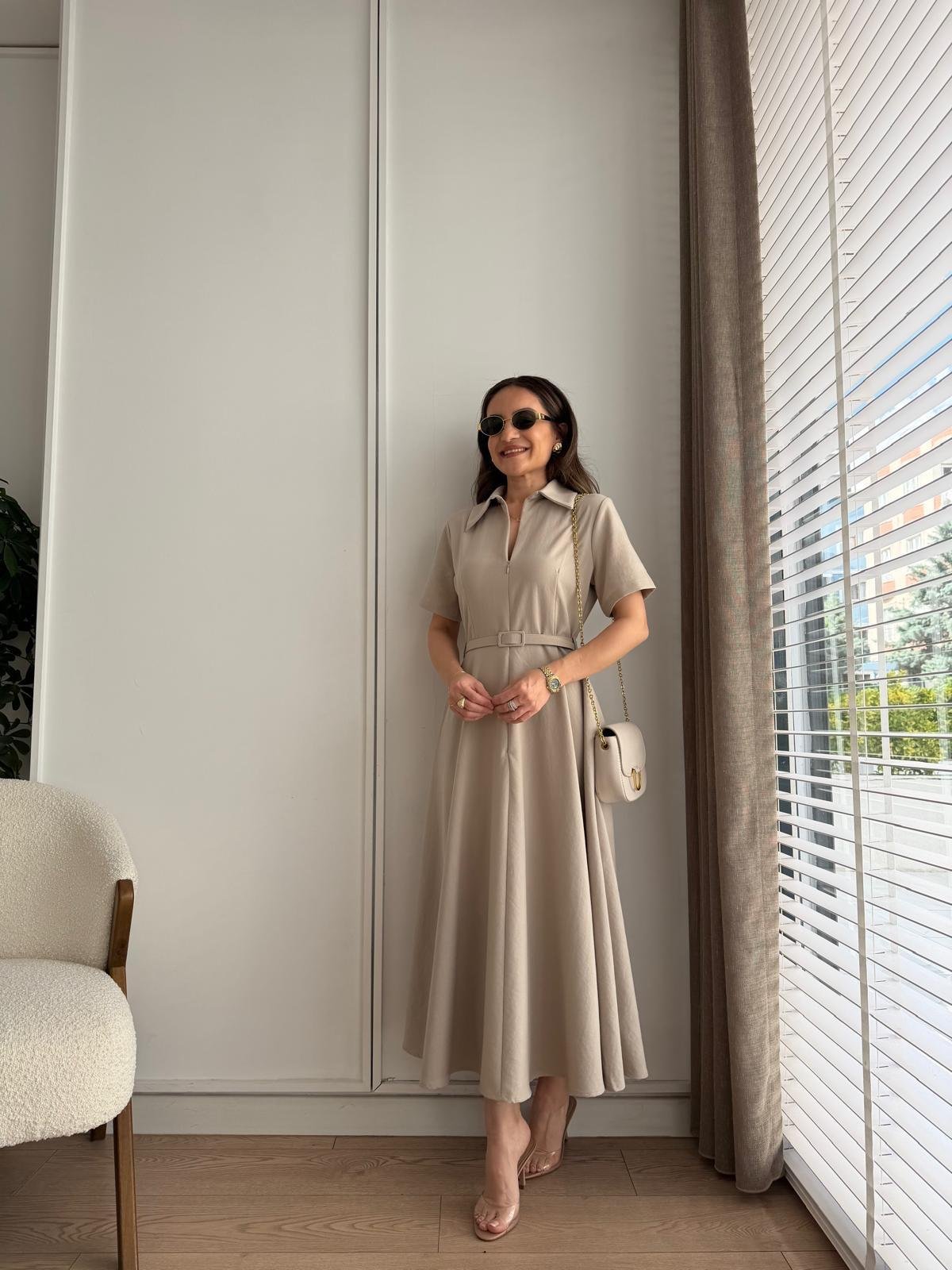 Taş Fermuarlı Kemerli Keten Elbise 2341