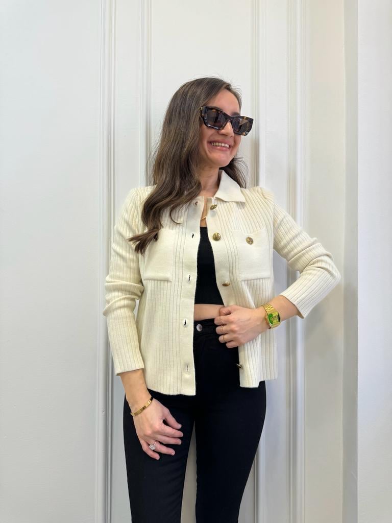 Taş Fitilli Polo Yaka Gold Düğme Detaylı Hırka 4061
