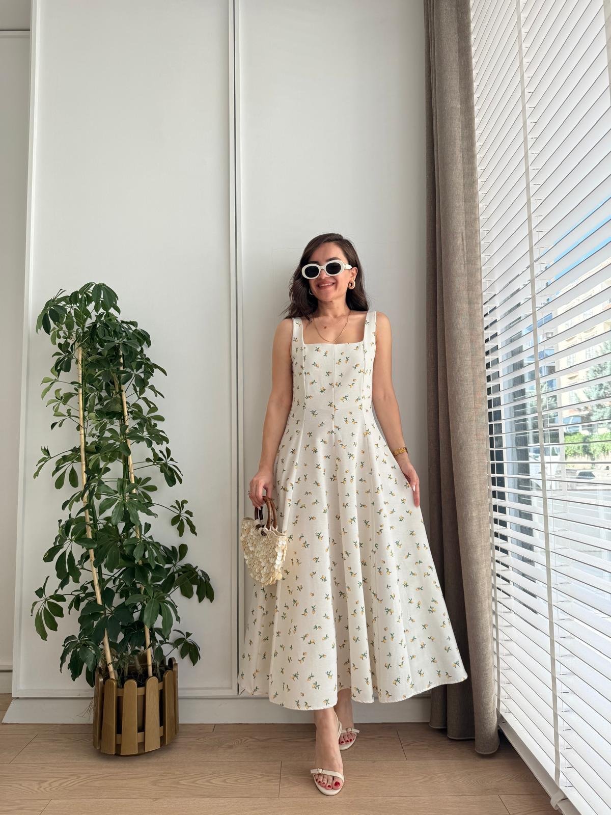 Taş Kalın Askılı Limon Desenli Keten Elbise 5104