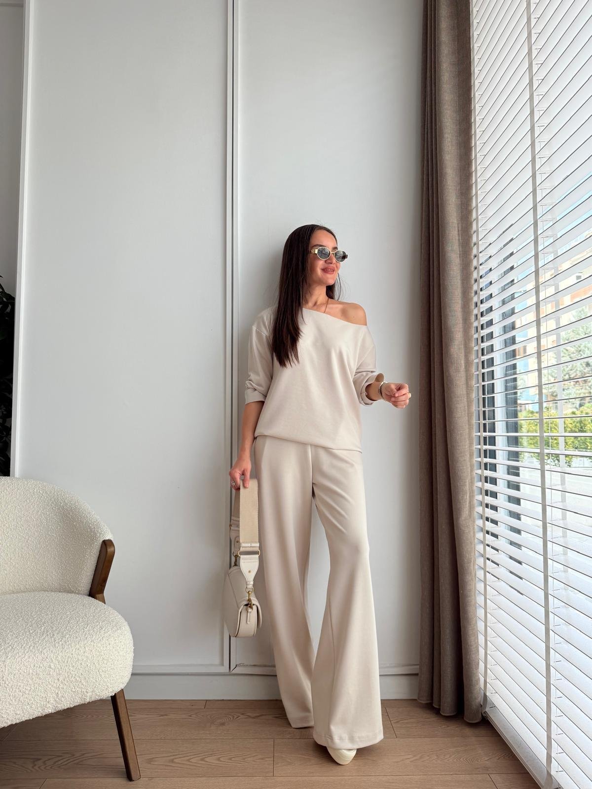 Taş Kayık Yaka Modal Kumaş Bluz Pantolon Takım 255335