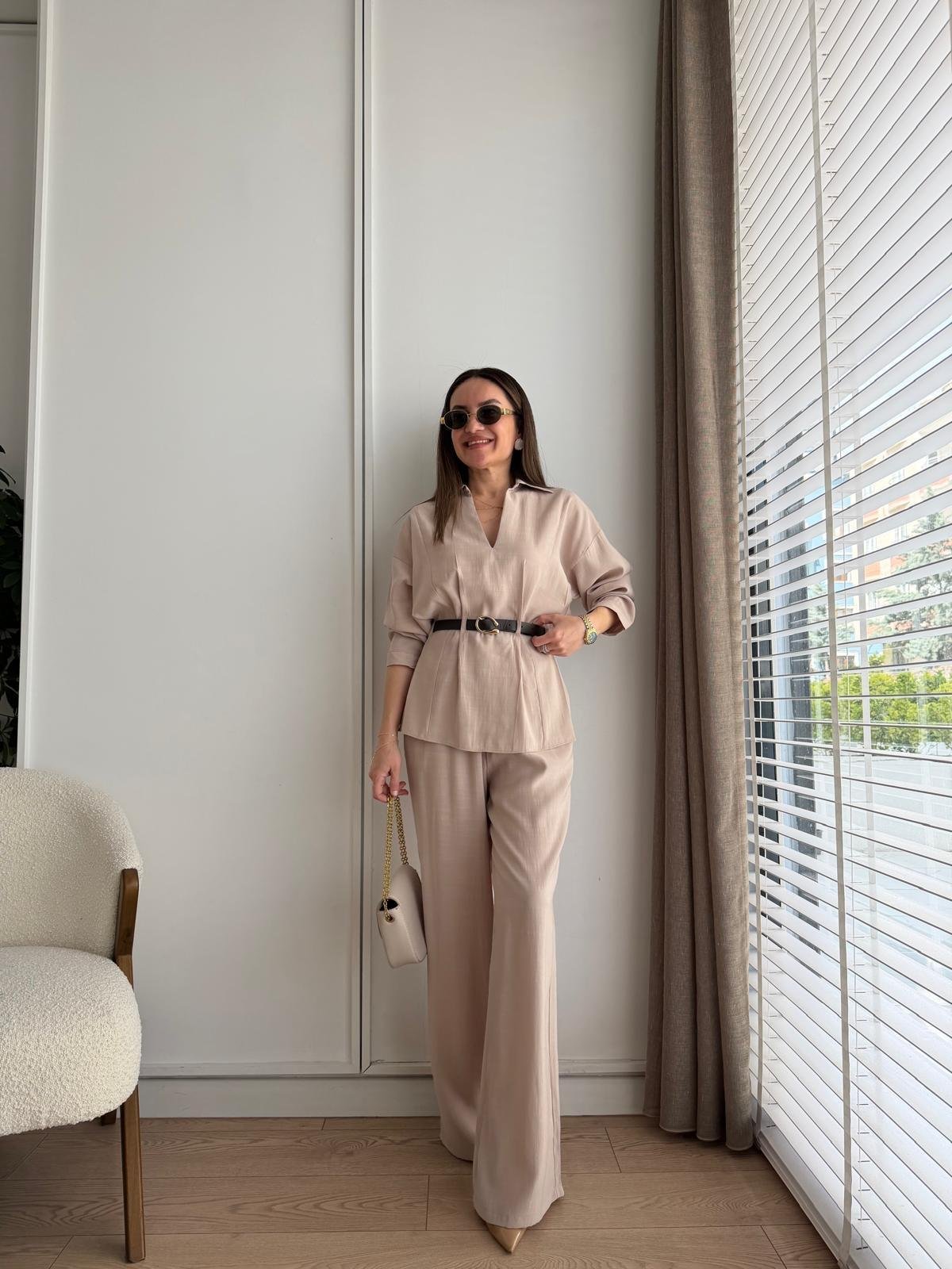 Taş Kemerli Bluz Pantolon Takım 58495