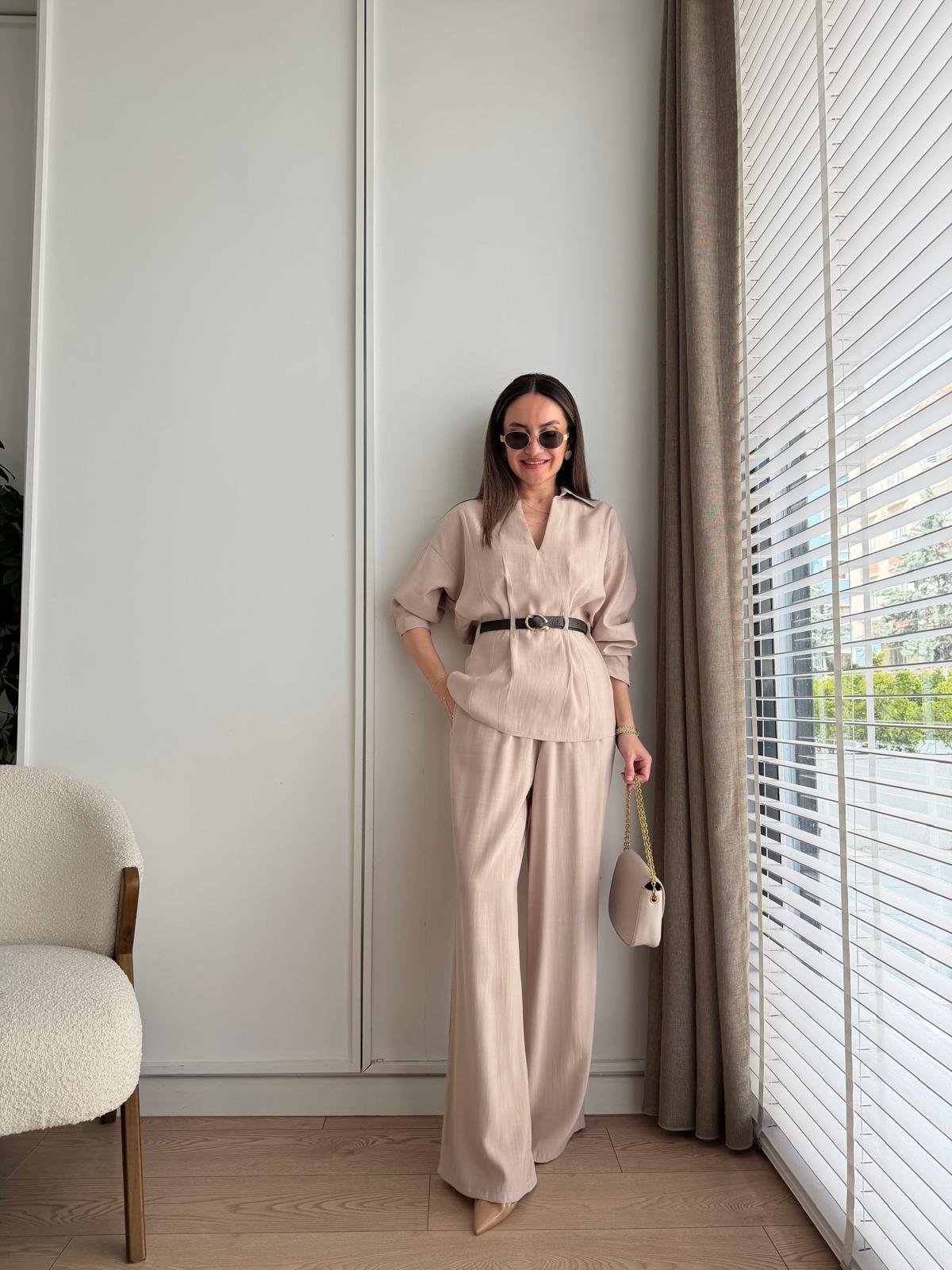 Taş Kemerli Bluz Pantolon Takım 58495