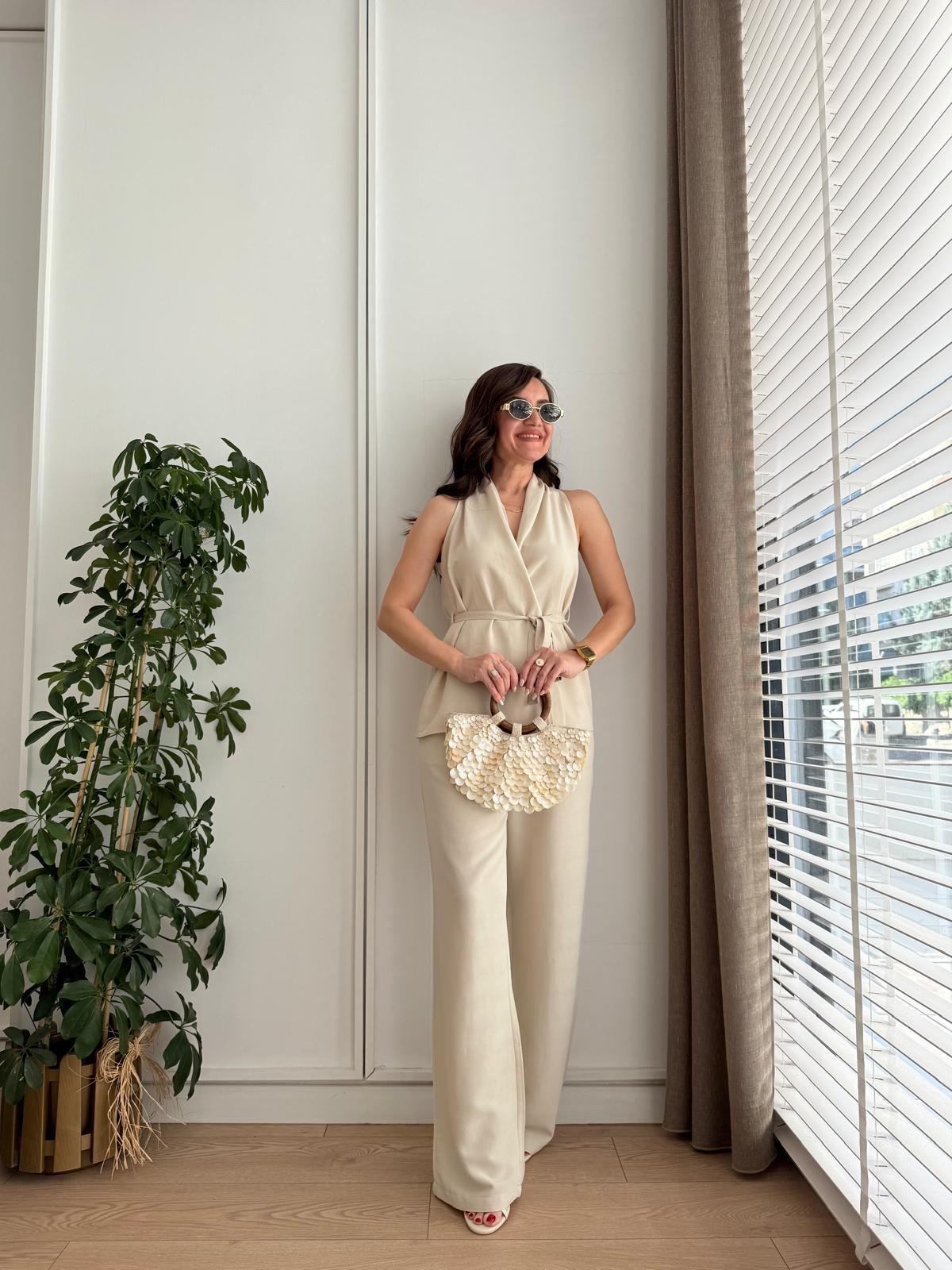 Taş Keten Bağlamalı Yelek Pantolon Takım 0243