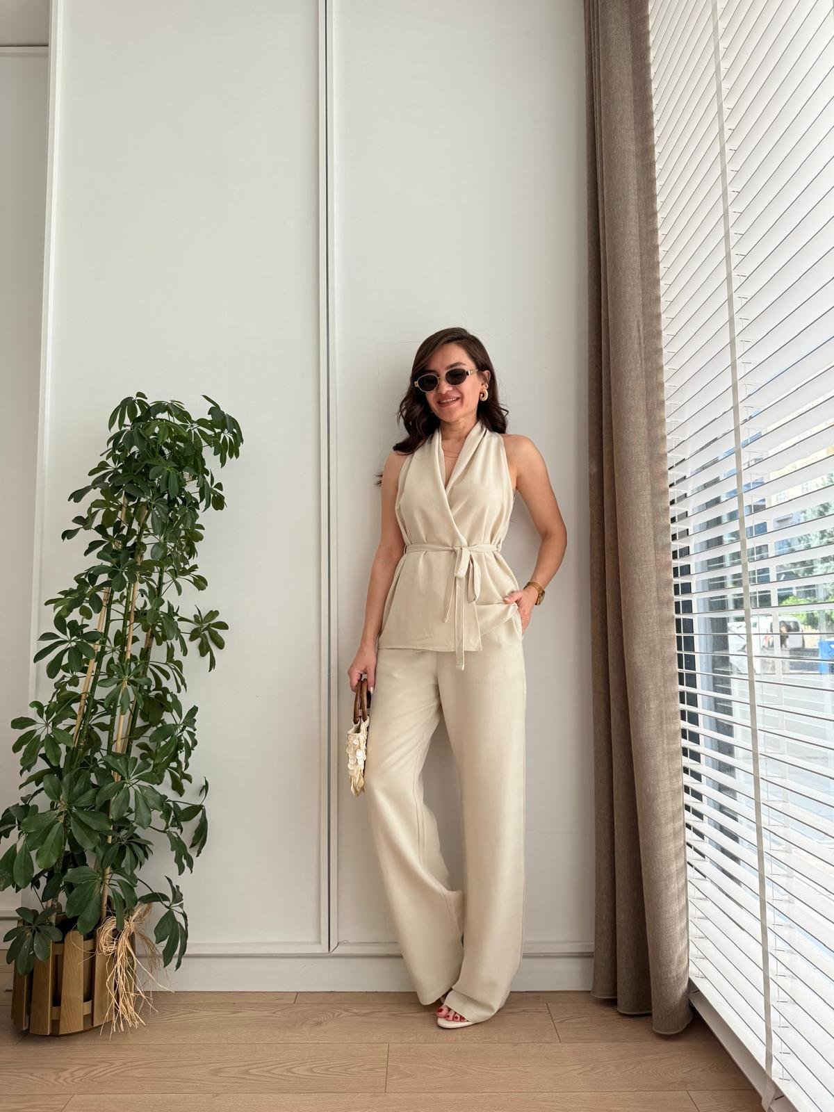 Taş Keten Bağlamalı Yelek Pantolon Takım 0243