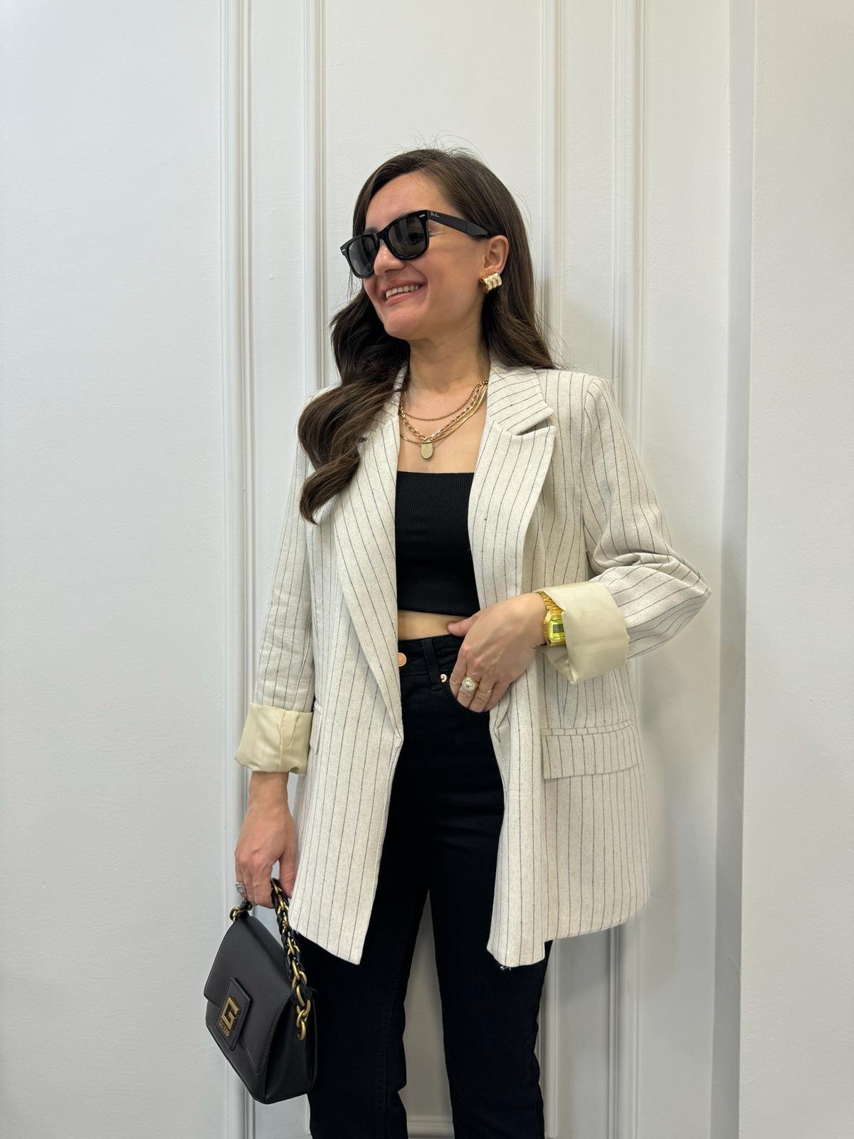 Taş Lacivert Çizgili Blazer Ceket 9330