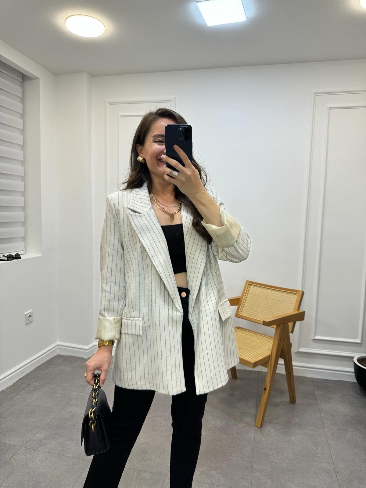 Taş Lacivert Çizgili Blazer Ceket 9330