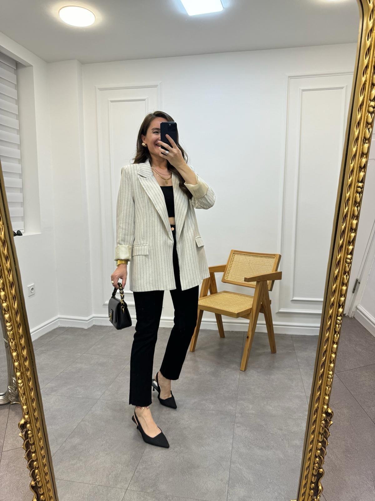 Taş Lacivert Çizgili Blazer Ceket 9330