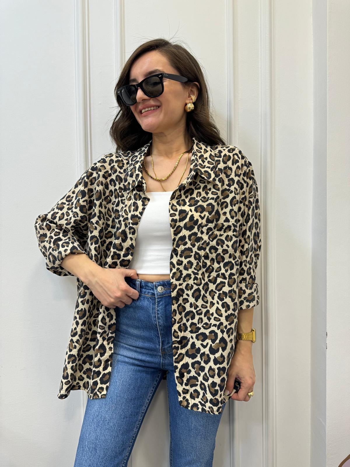 Taş Leopar Desenli Salaş Gömlek 58644