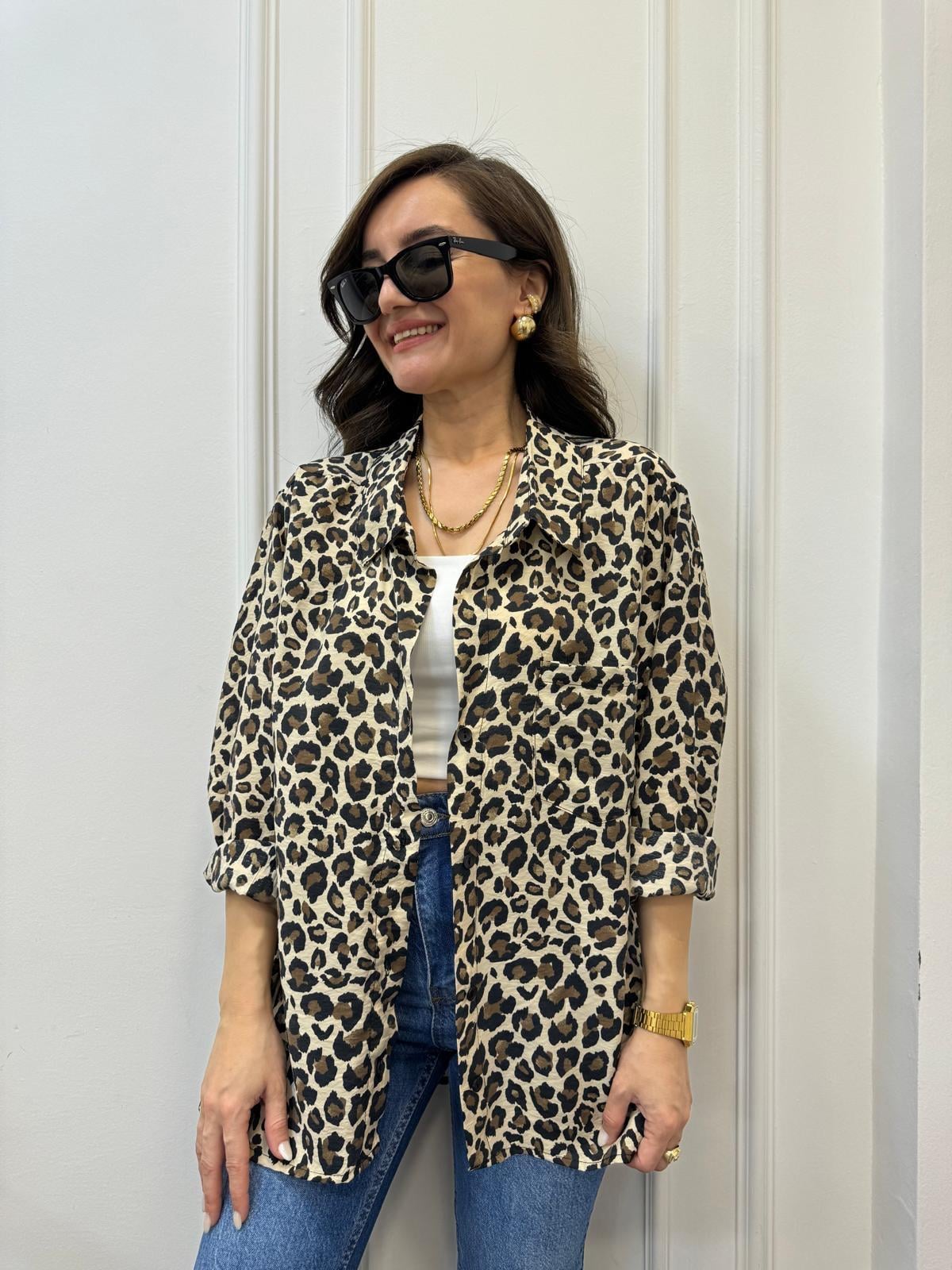Taş Leopar Desenli Salaş Gömlek 58644