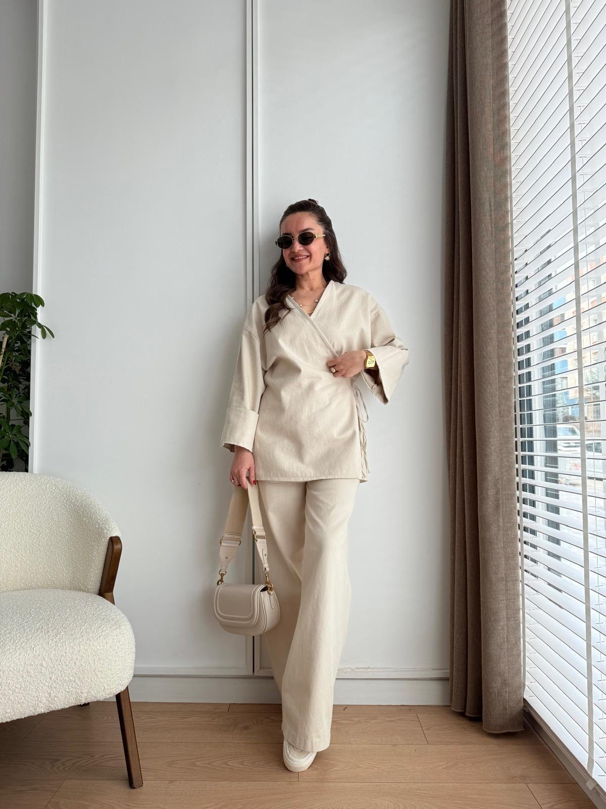Taş Ön Bağlama Gabardin Kimono Takım 8629
