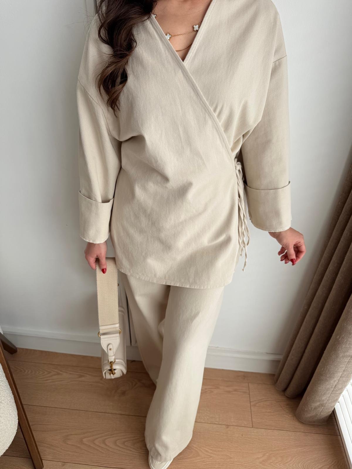 Taş Ön Bağlama Gabardin Kimono Takım 8629