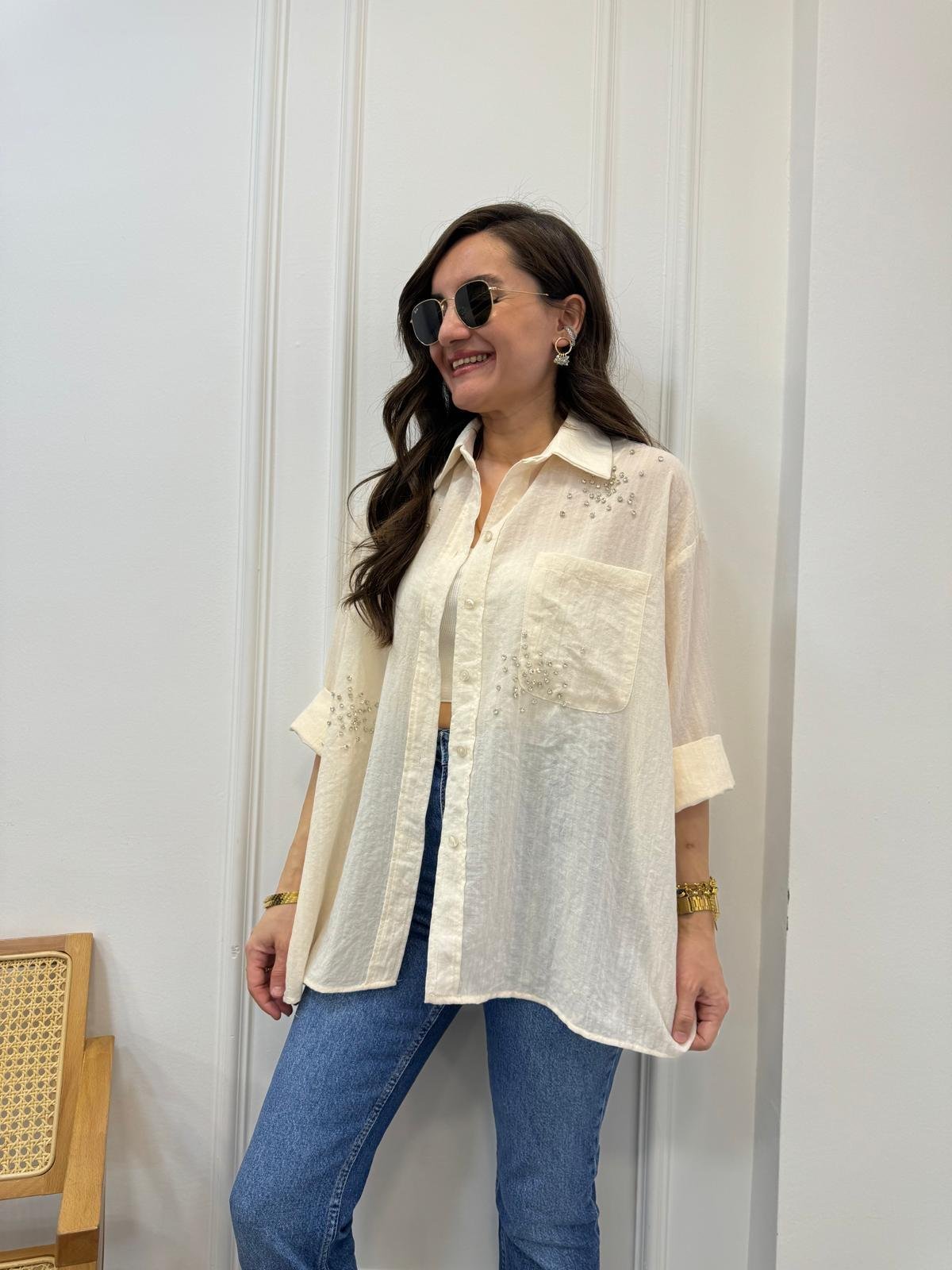 Taş Önü Taş Detaylı Tek Cepli Oversize Gömlek 4913