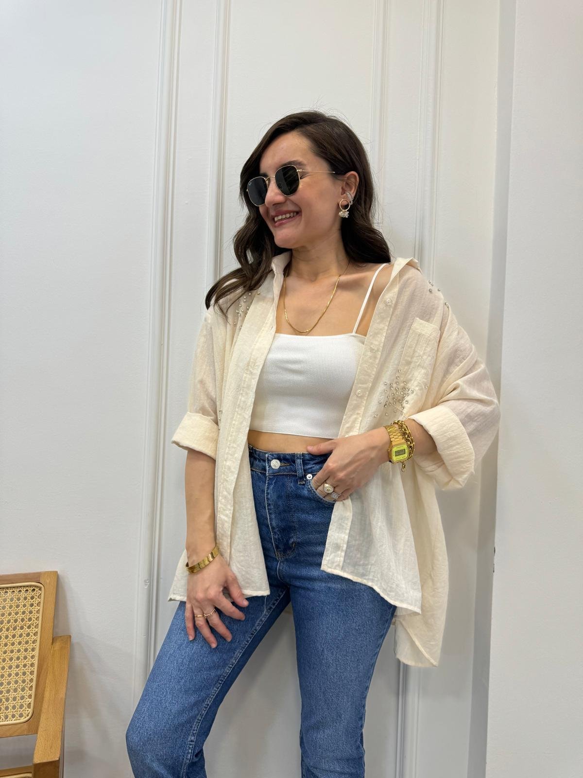 Taş Önü Taş Detaylı Tek Cepli Oversize Gömlek 4913