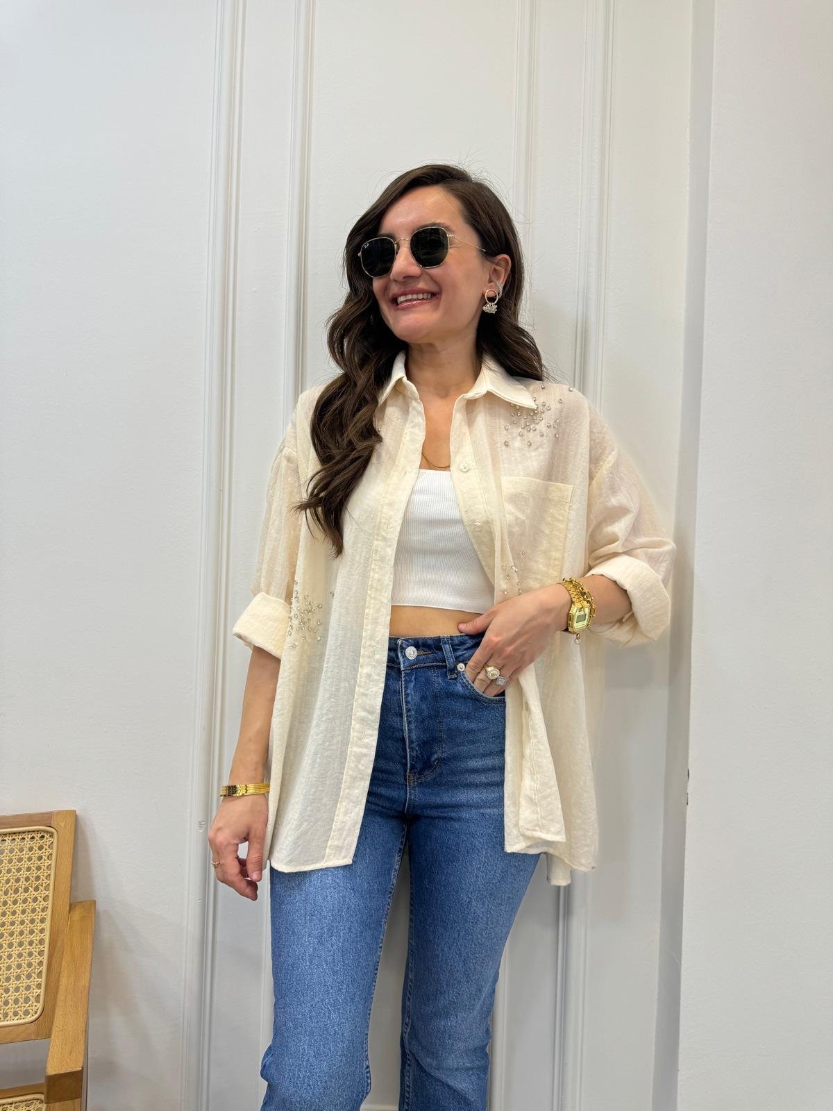 Taş Önü Taş Detaylı Tek Cepli Oversize Gömlek 4913