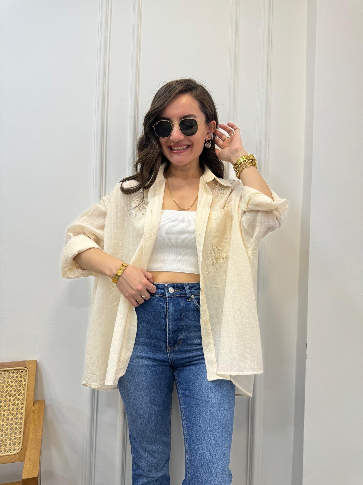 Taş Önü Taş Detaylı Tek Cepli Oversize Gömlek 4913