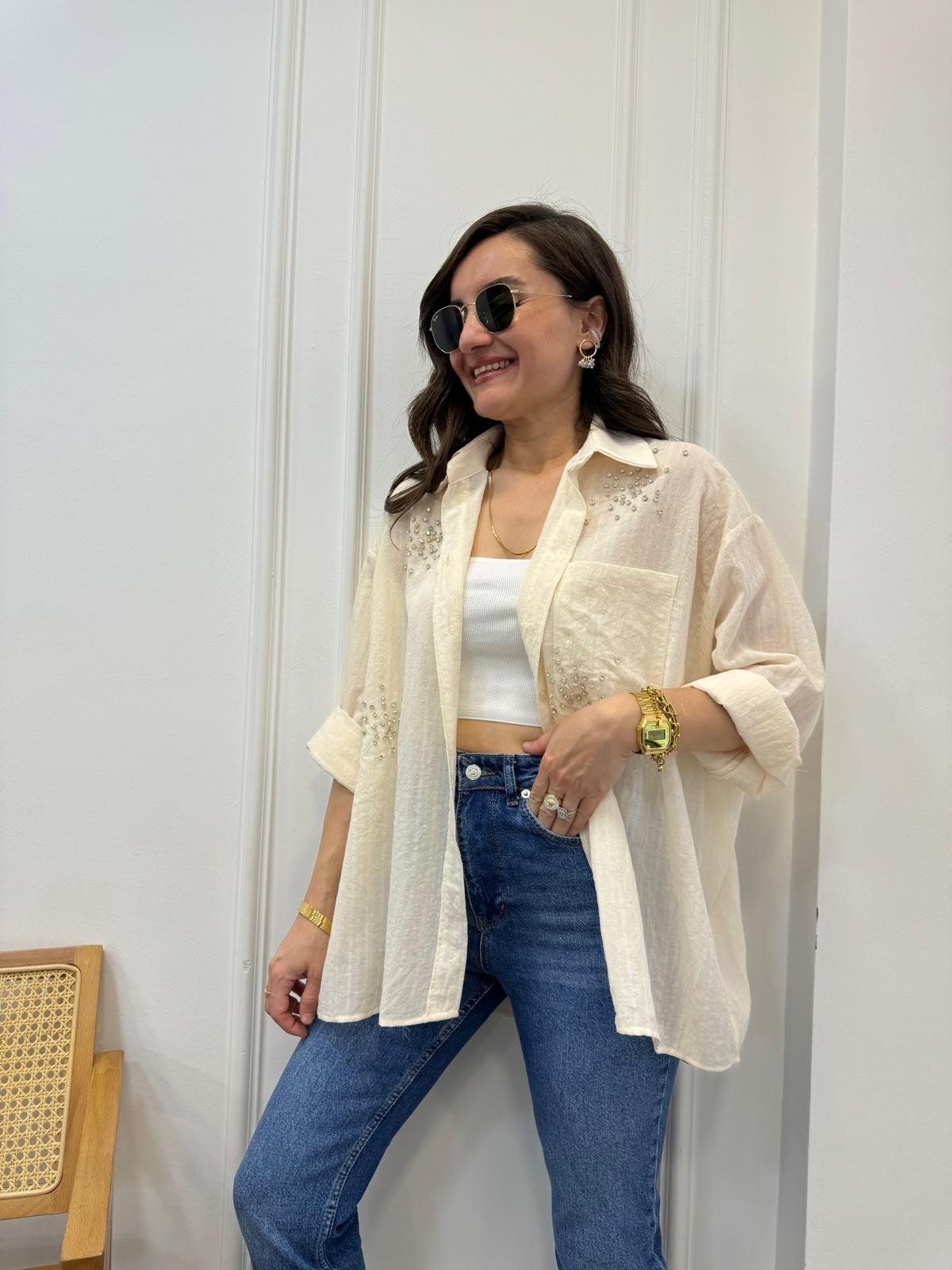 Taş Önü Taş Detaylı Tek Cepli Oversize Gömlek 4913