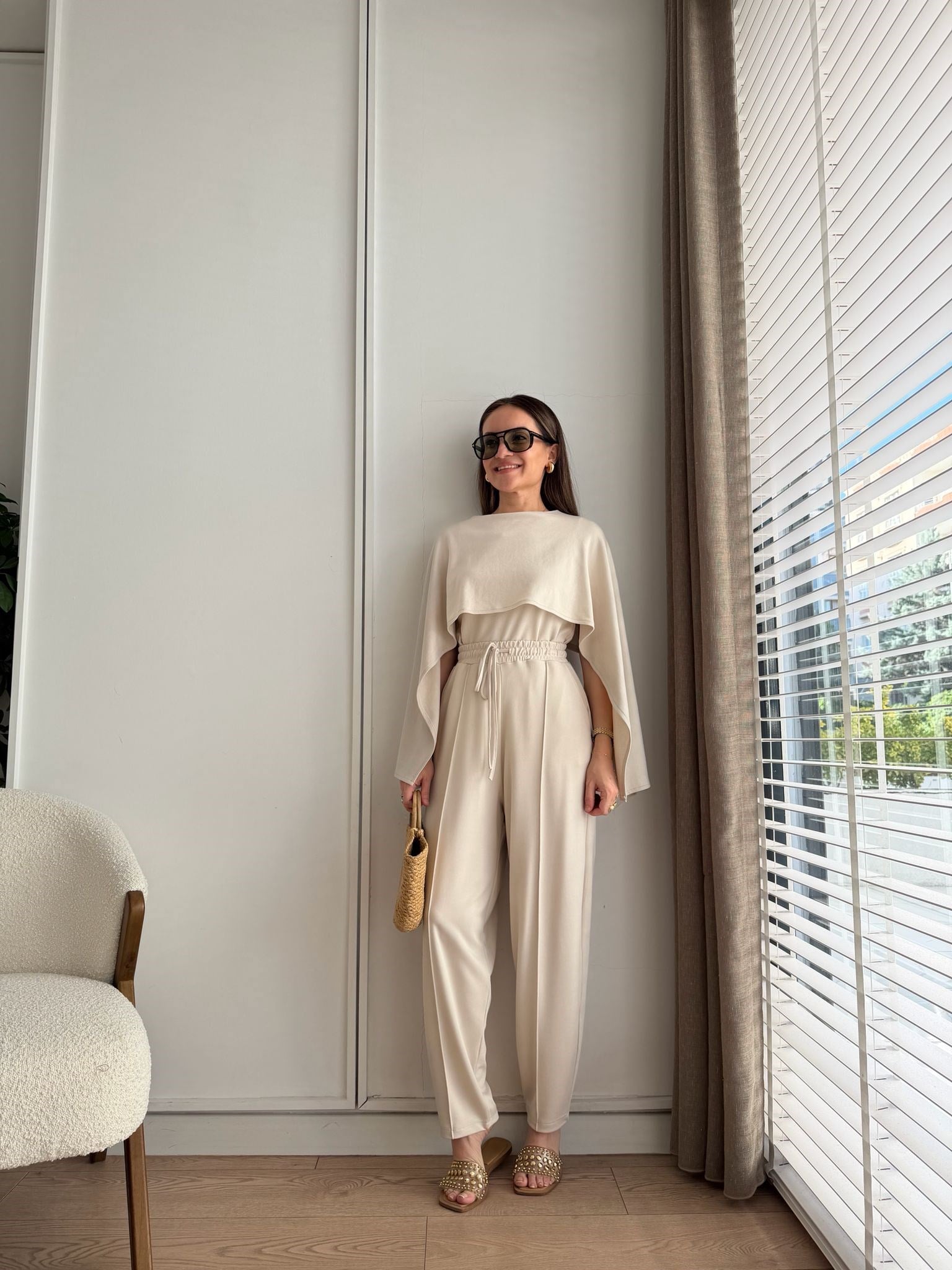 Taş Pelerin Detaylı Bluz Pantolon Takım 4143