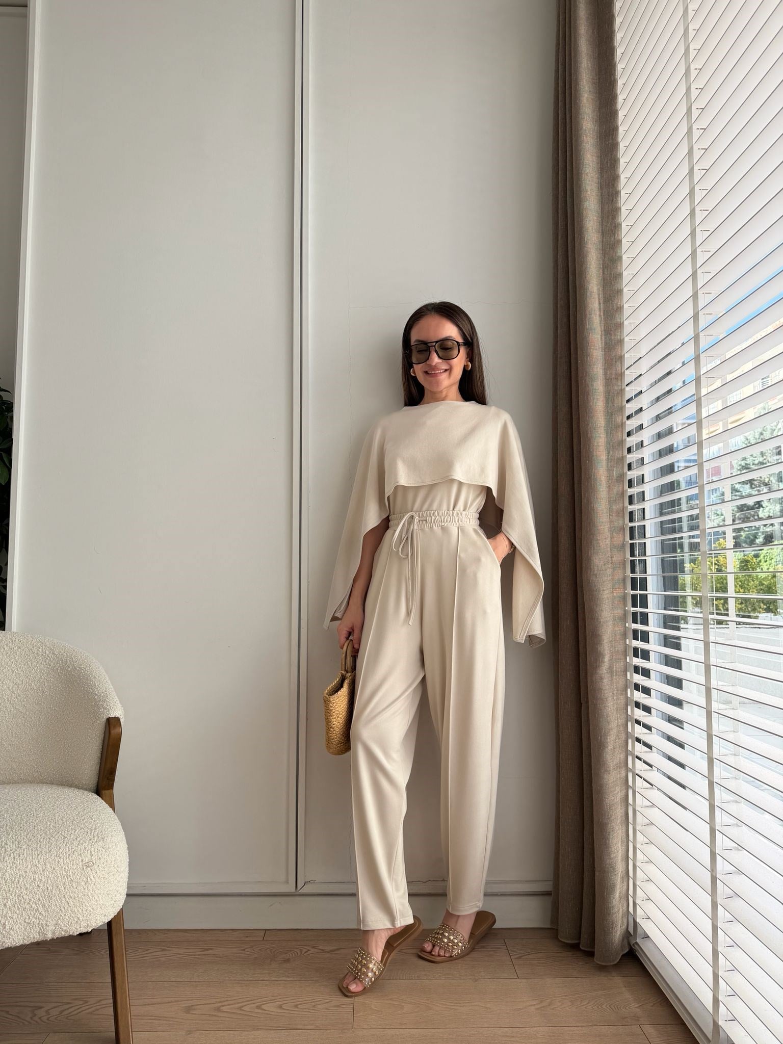 Taş Pelerin Detaylı Bluz Pantolon Takım 4143