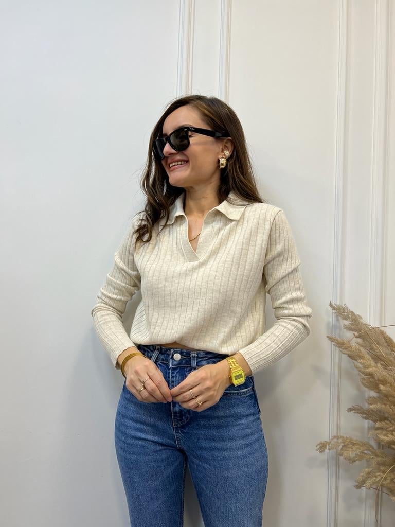 Taş Polo Yaka Çizgili Triko Bluz 3243