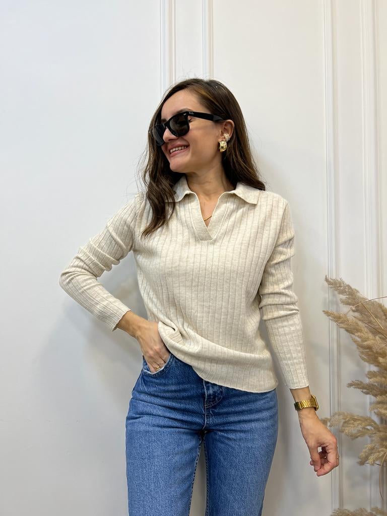 Taş Polo Yaka Çizgili Triko Bluz 3243