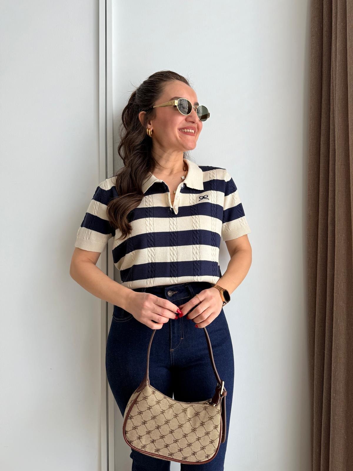 Taş Polo Yaka Düğmeli Kısa Kollu Triko Bluz 0152