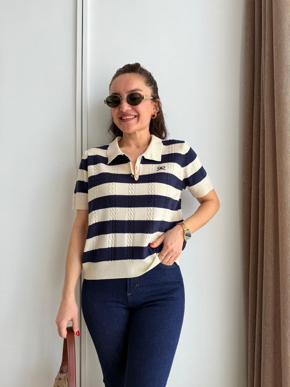 Taş Polo Yaka Düğmeli Kısa Kollu Triko Bluz 0152