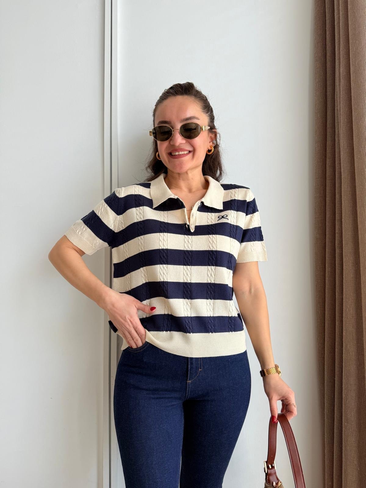 Taş Polo Yaka Düğmeli Kısa Kollu Triko Bluz 0152