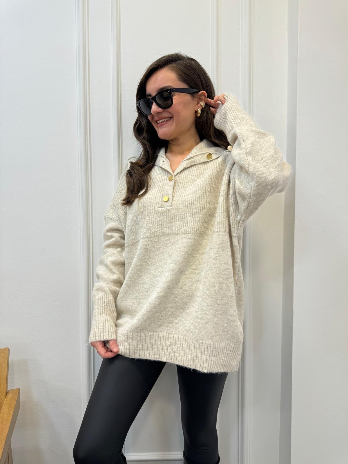 Taş Polo Yaka Gold Düğme Detaylı Triko Kazak 22733